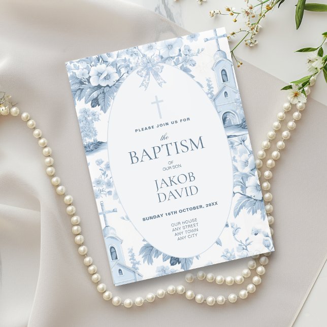 Baby Boys Blue Floral Toile Baptism  Invitation (Creator Uploaded)
