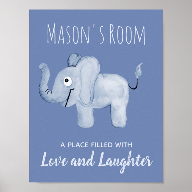 Baby Boy's Blue Watercolor Elephant Nursery Art Poster (Front)
