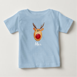 Baby Boy's Christmas Watercolor Rudolph with Name T-Shirt