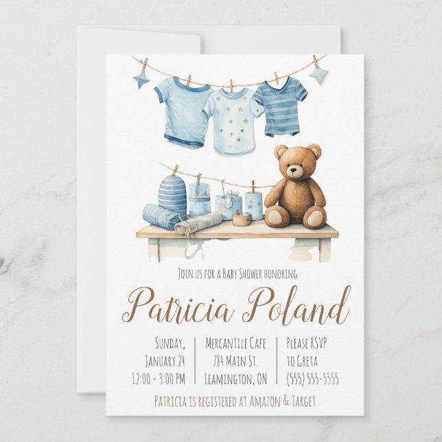 Baby Boy's Clothes on Clothesline Baby Shower  Invitation (Front)