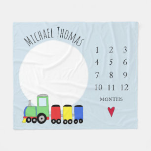 Baby Boys Colourful Train & Name Monthly Milestone Fleece Blanket