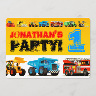 Baby Boy's Construction Trucks 1st Birthday Party Invitation