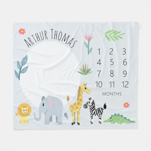 Baby Boys Cute Blue Jungle Safari Milestone Fleece Blanket (Front (Horizontal))