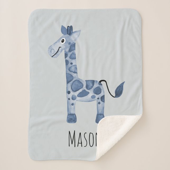 Baby Boy's Cute Blue Safari Giraffe and Name Sherpa Blanket (Front)