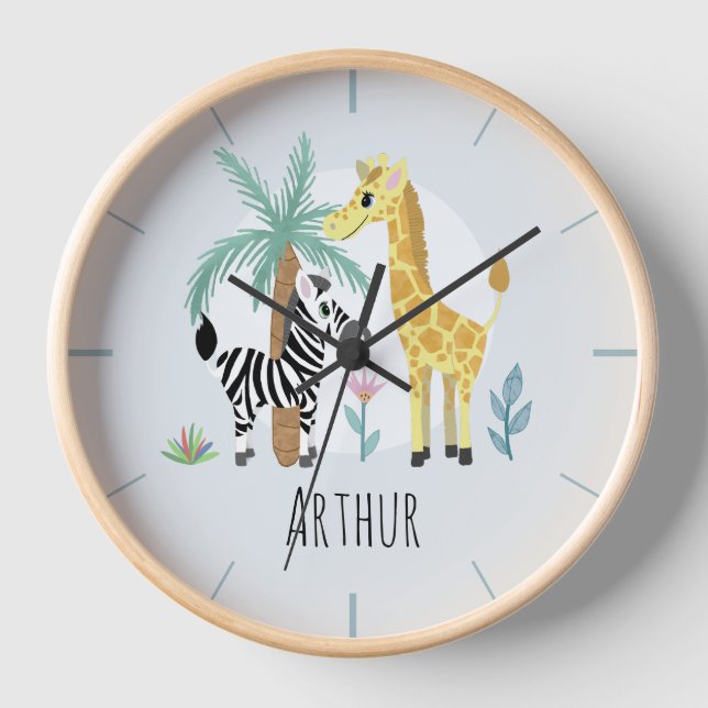Baby Boys Cute Blue Safari Giraffe Kids Nursery Clock (Front)