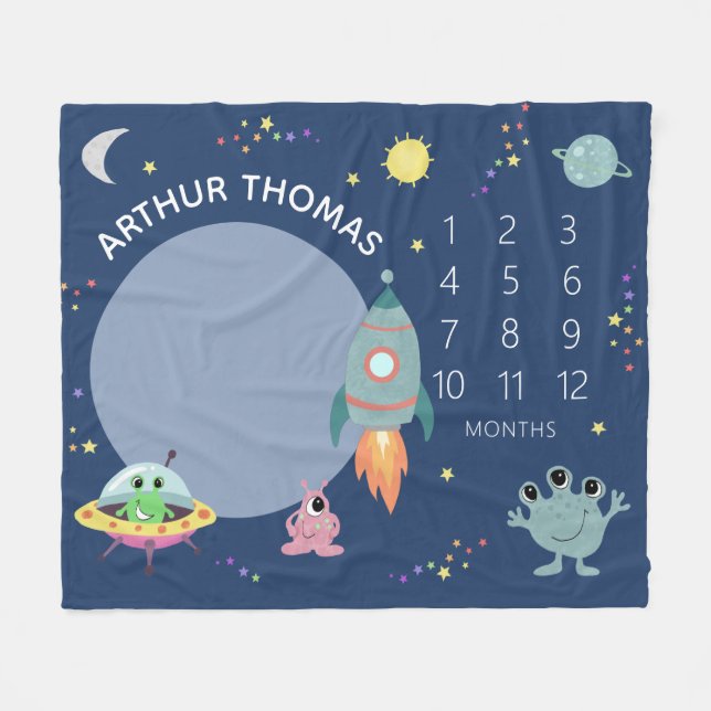 Baby Boys Cute Blue Space Alien Cartoon Milestone Fleece Blanket (Front (Horizontal))