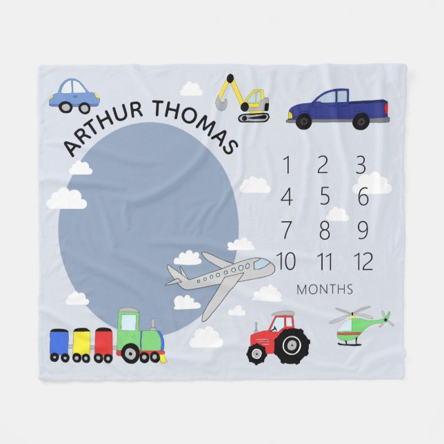 Baby Boys Cute Car Transport Milestone Newborn Fleece Blanket (Front (Horizontal))