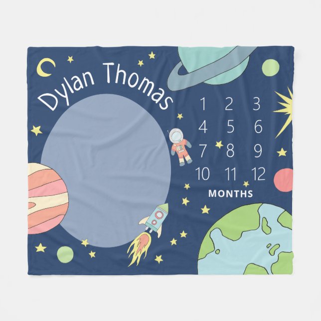 Baby Boys Cute Space Rocket Ship Milestone Fleece Blanket (Front (Horizontal))