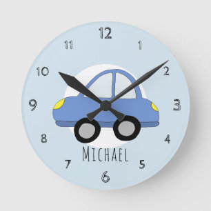 Baby Boys Doodle Blue Car Vehicle Nursery Round Clock