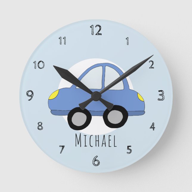 Baby Boys Doodle Blue Car Vehicle Nursery Round Clock (Front)