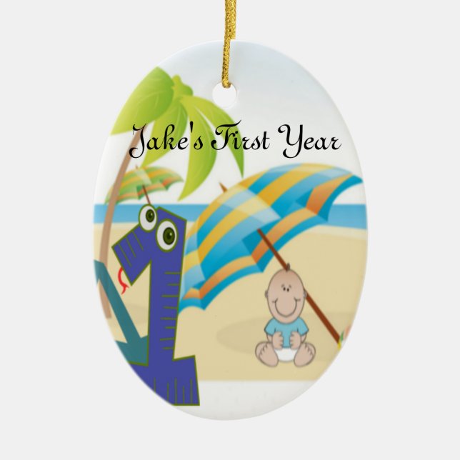 Baby Boy's First Birthday Ceramic Tree Decoration (Front)