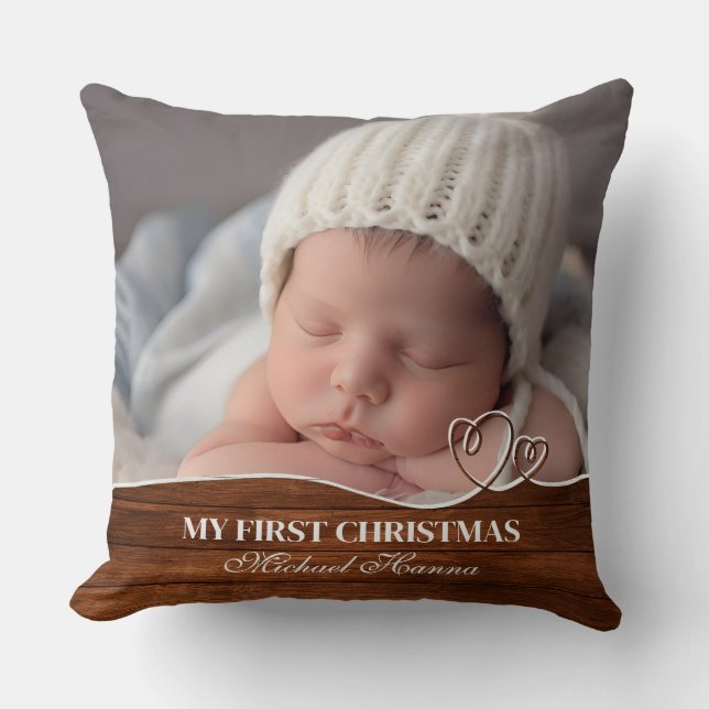 Baby Boy's First Christmas Birth Stats & Photo Cushion (Front)