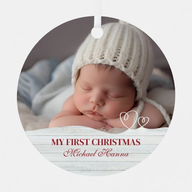Baby Boy's First Christmas Birth Stats & Photo Metal Tree Decoration (Front)