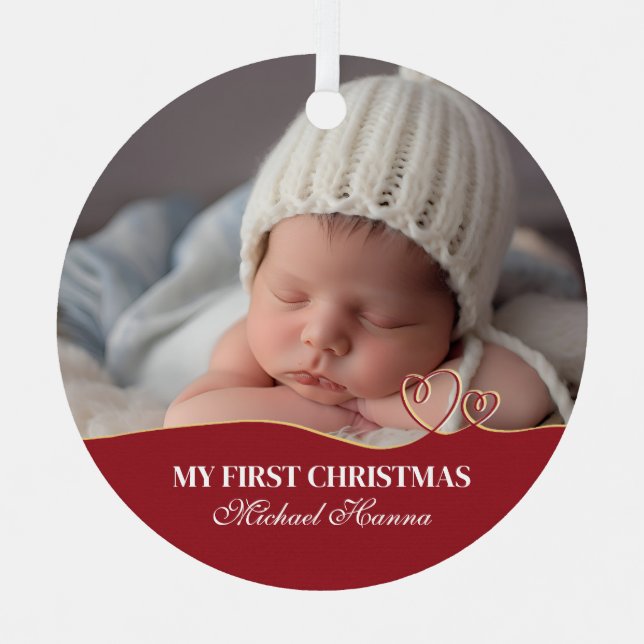 Baby Boy's First Christmas Birth Stats & Photo Metal Tree Decoration (Front)
