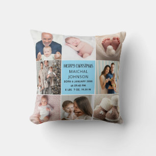 Baby Boy's First Christmas Birth Stats & Photo T Cushion