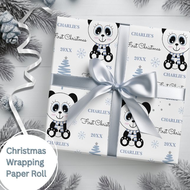 Baby Boys First Christmas Panda Bear Blue Wrapping Paper (Creator Uploaded)