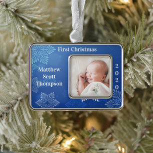 Baby Boy's First Christmas Photo Year Blue Silver Plated Framed Ornament
