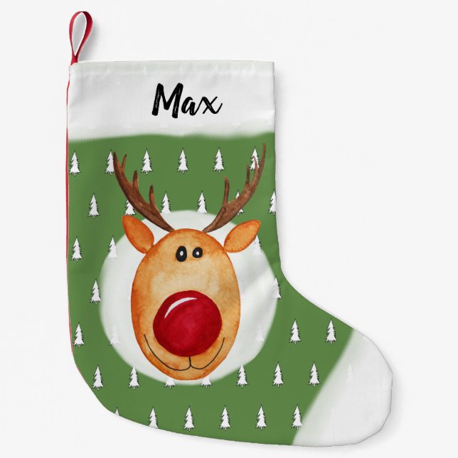 Baby Boy's First Christmas Rudolph Tree with Name Small Christmas Stocking (Front)