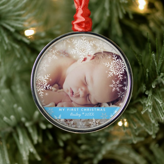 Baby Boy's First Christmas Snowflakes Blue Silver Metal Tree Decoration (Tree)