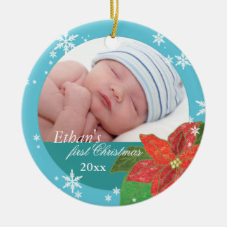 Baby Boy's First Christmas Teal Photo Ornaments