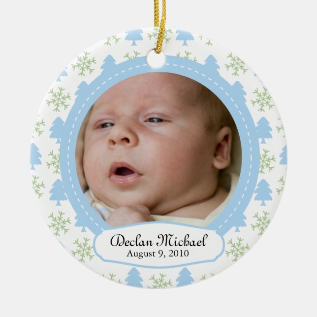 Baby Boy's First Christmas - Tree & Snowflake Ceramic Tree Decoration (Front)