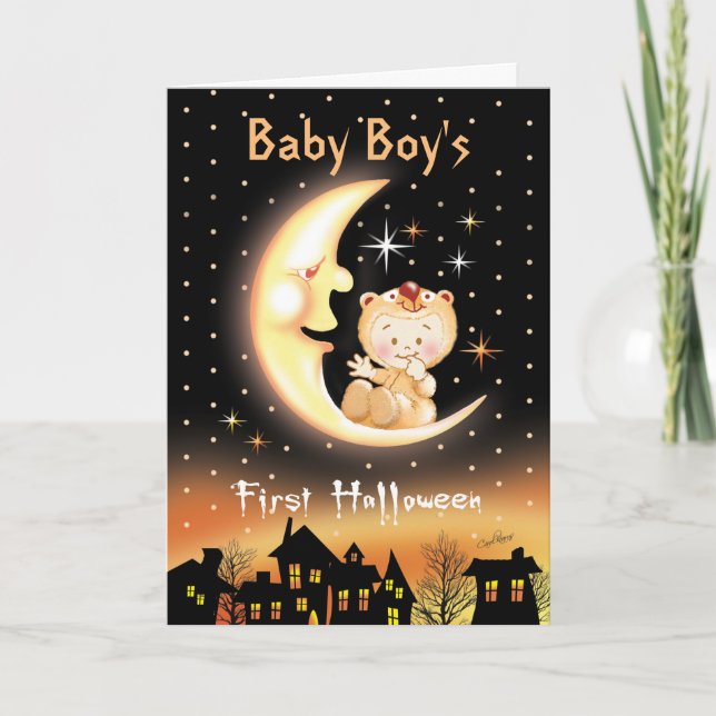 Baby Boy's First Halloween, Moon Baby Card (Front)