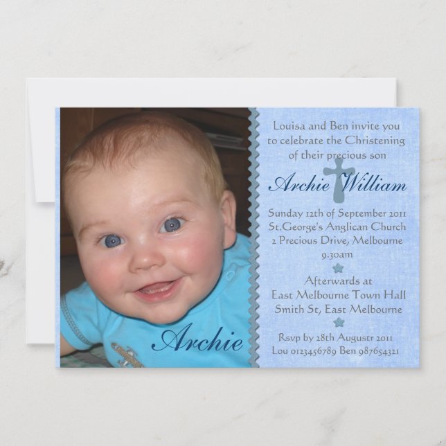 Baby Boys photo Christening invitation - Archie (Front)