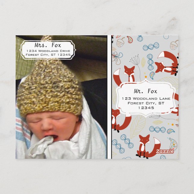 Baby Boy's Photo Fox Woodland Birth Record Stats Postcard (Back)