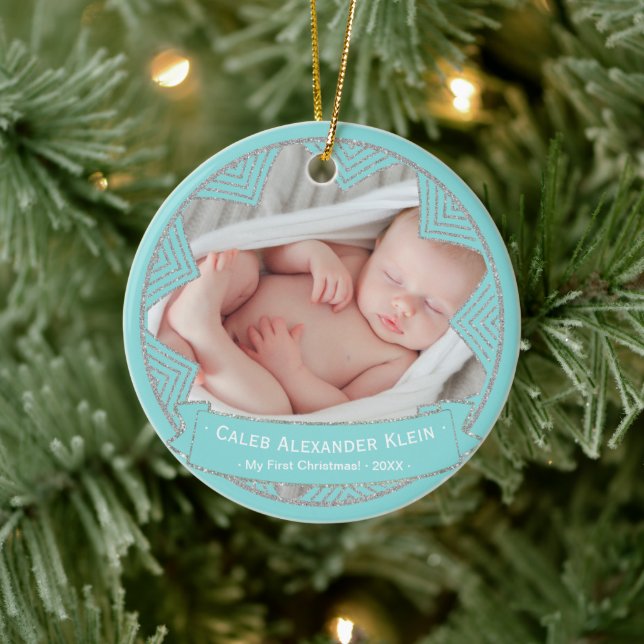Baby Boys Powder Blue Personalised Christmas Photo Ceramic Tree Decoration (Tree)