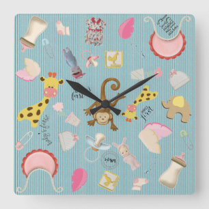 Baby Boy's Room Animal Toys Square Wall Clock