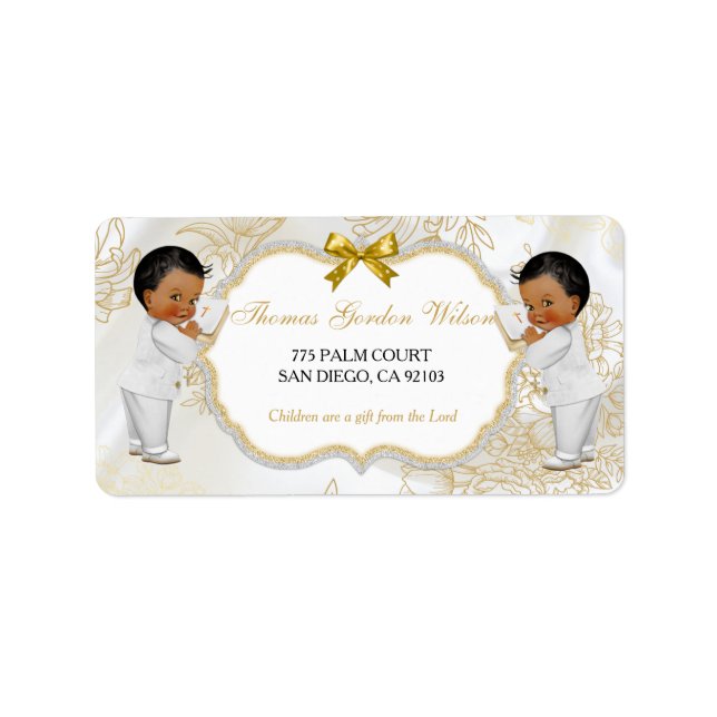 Baby Boys Twins Baptism Christening Gold White Label (Front)