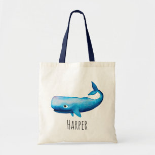 Baby Boy's Watercolor Blue Sea Whale and Name Tote Bag
