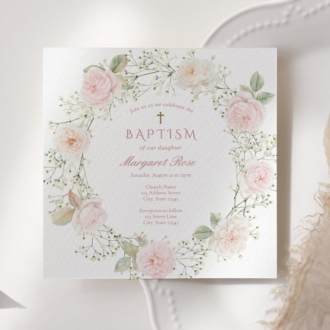 Baby Breath and Pink Roses Girl Baptism Invitation (Creator Uploaded)
