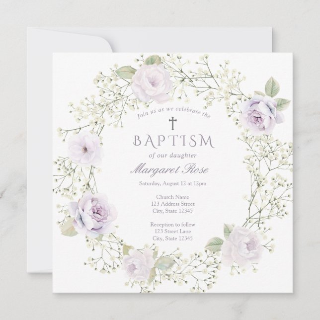 Baby Breath and Purple Roses Girl Baptism Invitation (Front)