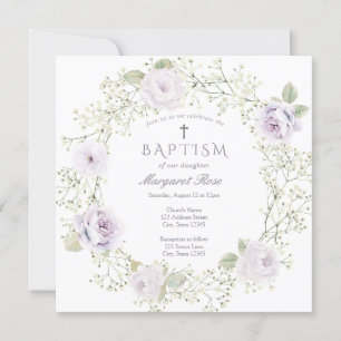 Baby Breath and Purple Roses Girl Baptism Invitation