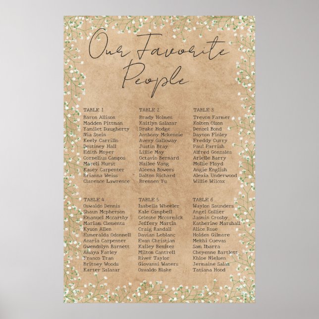    Baby Breath Floral Rustic Wedding Seating Chart (Front)