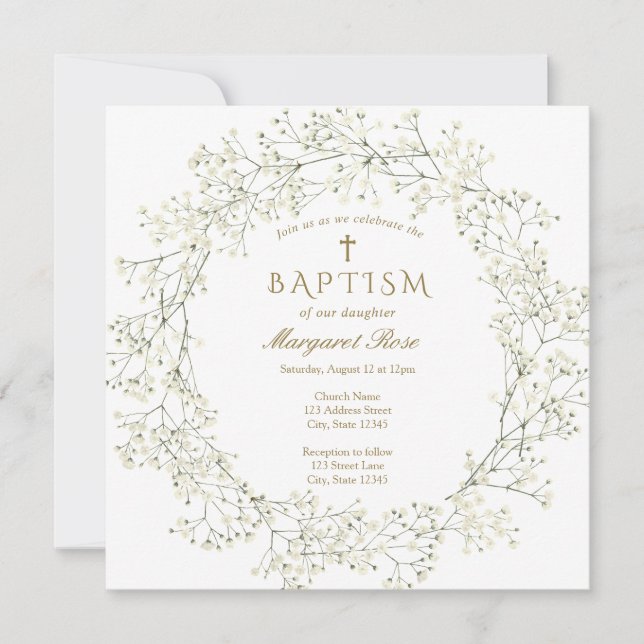 Baby Breath Flowers Baptism Invitation (Front)