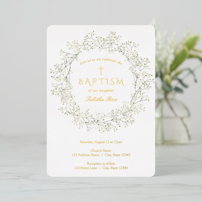 Baby Breath Flowers Baptism Invitation (Standing Front)