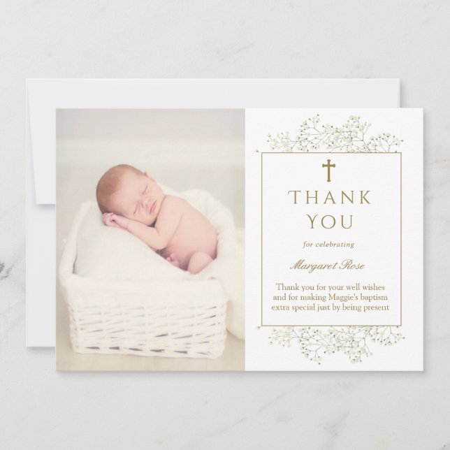 Baby Breath Flowers Baptism Photo Thank You Card (Front)