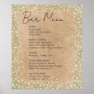 Baby Breath Flowers Rustic Wedding Bar Menu Sign