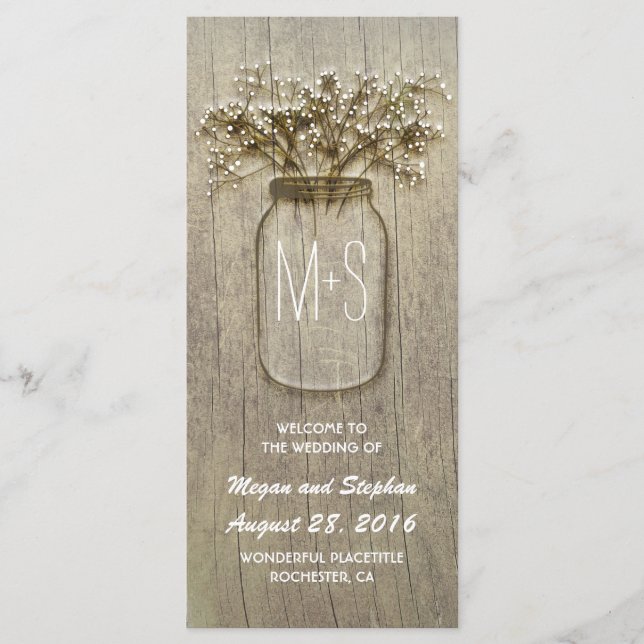 baby' breath mason jar rustic wedding program programme (Front)