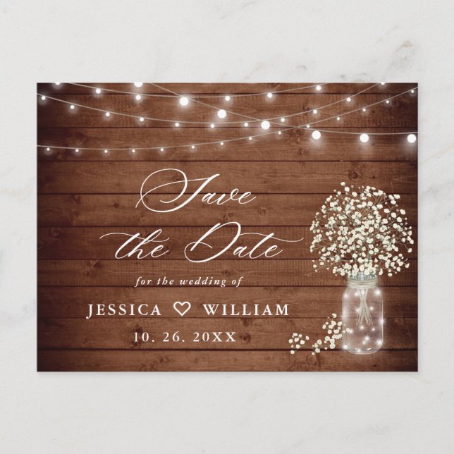 Baby Breath Rustic Wood Wedding Save the Date Postcard (Front)