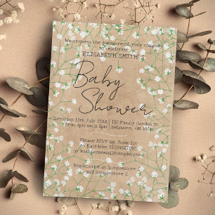 Baby Breath Watercolor Floral Boho Tan Baby Shower Invitation