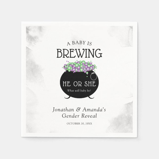 Baby Brewing Halloween Gender Reveal Napkin (Front)
