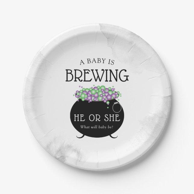 Baby Brewing Halloween Gender Reveal Paper Plate (Front)