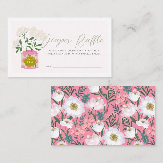 Baby Brewing Pink Floral Tea Diaper Raffle Ticket Enclosure Card (Front/Back)