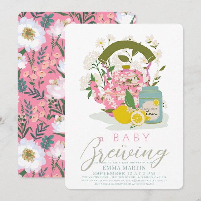 Baby Brewing Pink Floral Tea Party Baby Shower Invitation (Front/Back)