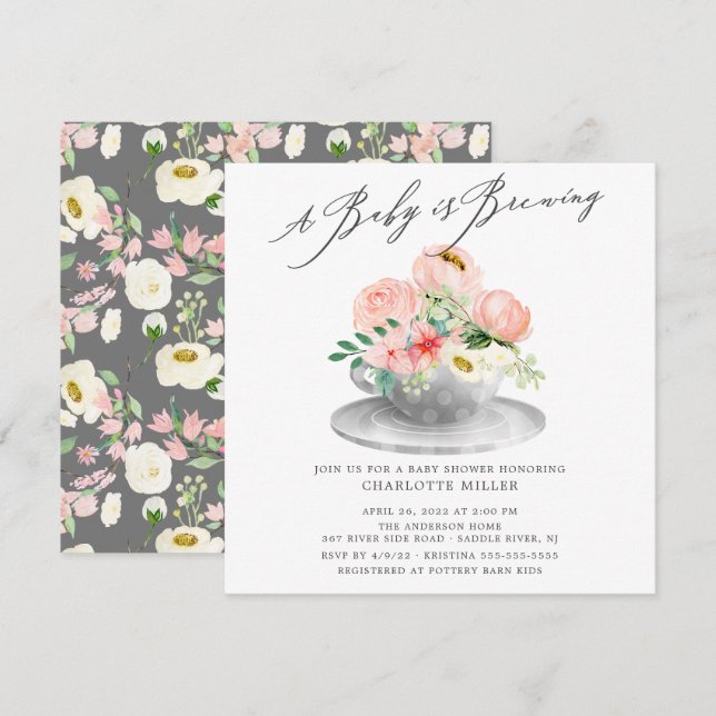  Baby Brewing Pink Peonies Floral Baby Tea  Invita Invitation (Front/Back)