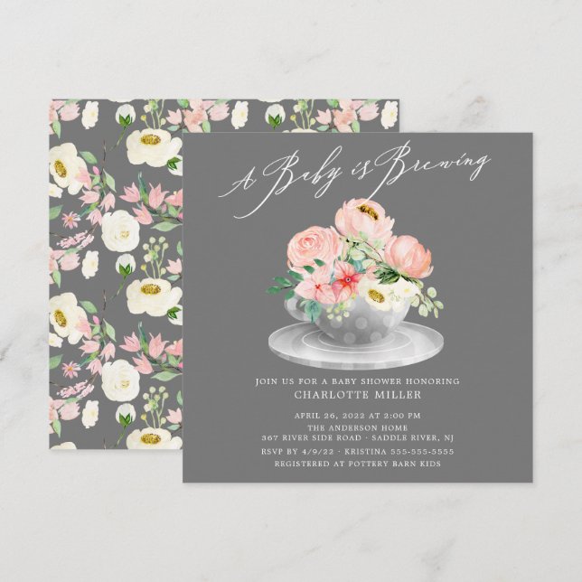  Baby Brewing Pink Peonies Floral Baby Tea  Invitation (Front/Back)