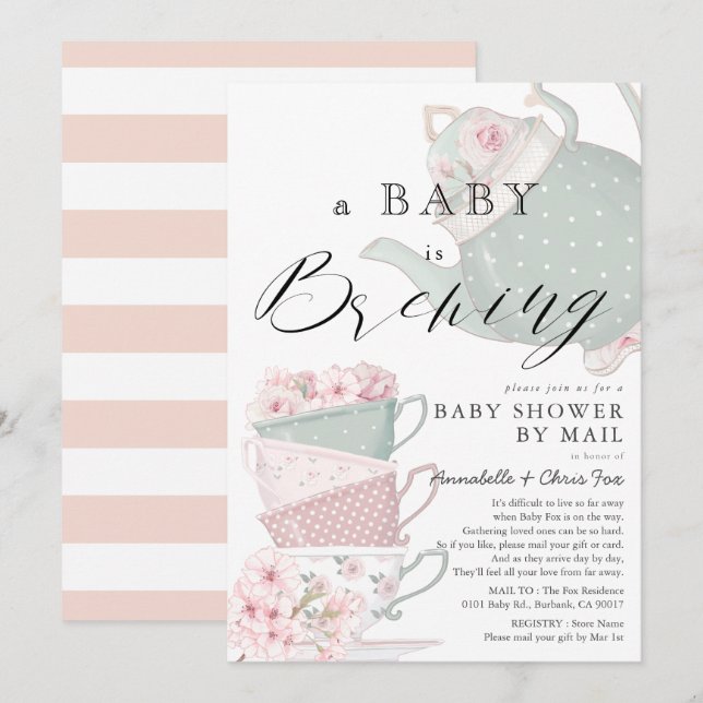 Baby Brewing Pink Tea Party Baby Shower by Mail Invitation (Front/Back)